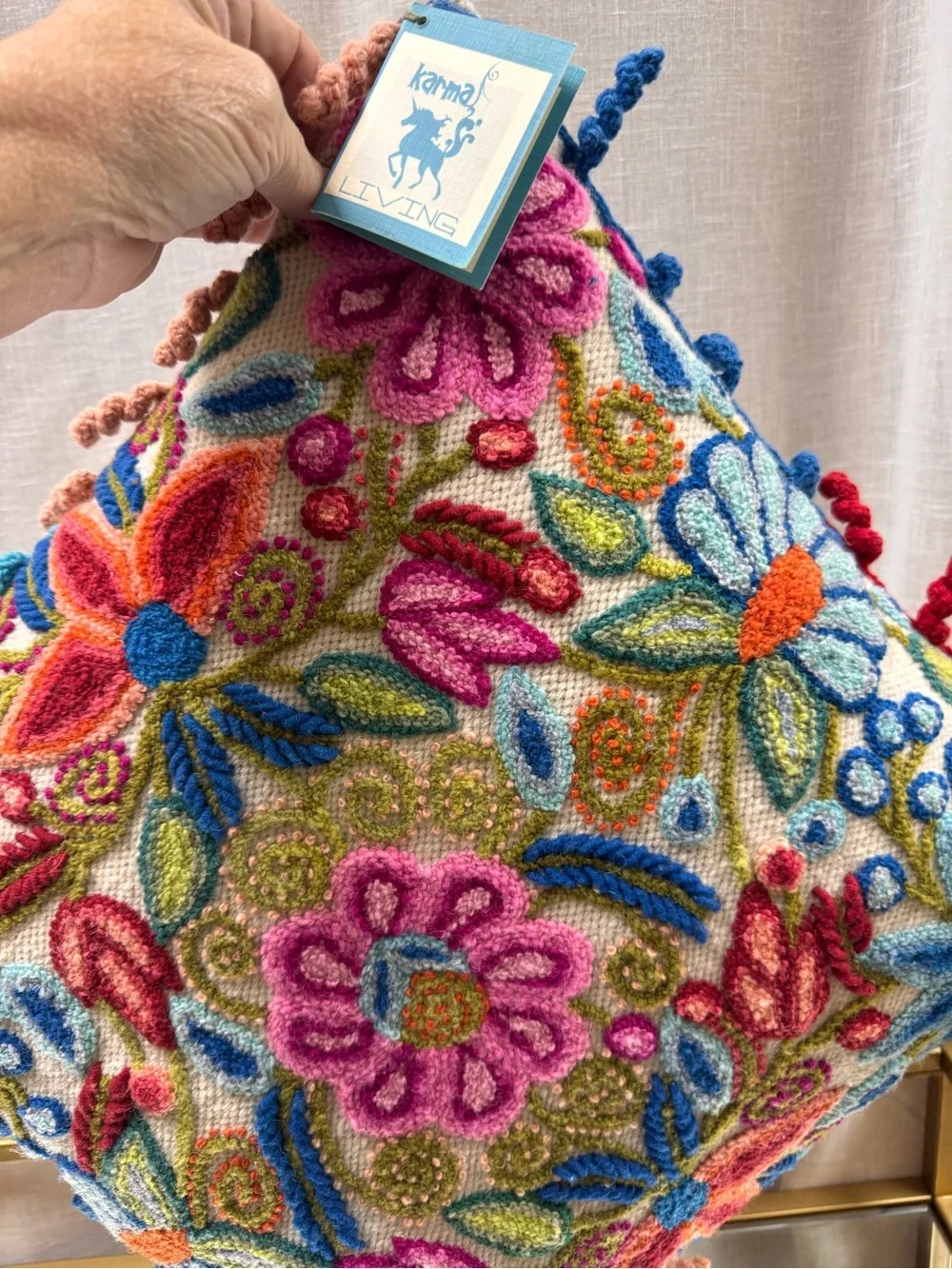 Karma Handcrafted Floral Hooked Pillow Cover in Pink, Blue and Green